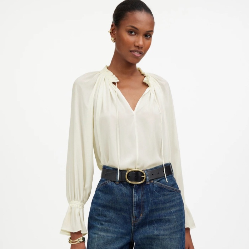 Madewell Ivory Ruffle-Neck Long-Sleeve Blouse